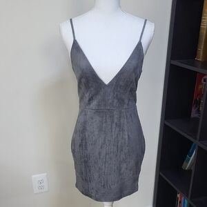 ALOT Gray Faux Suede Deep V-Neck Spagetti Strap Bodycon Mini Drss